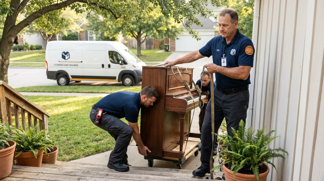 Licensed piano movers securing grand piano in Ansonia, CT